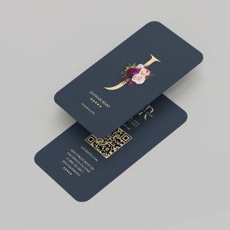 Modern Monogram J Floral Dark Blue Gold