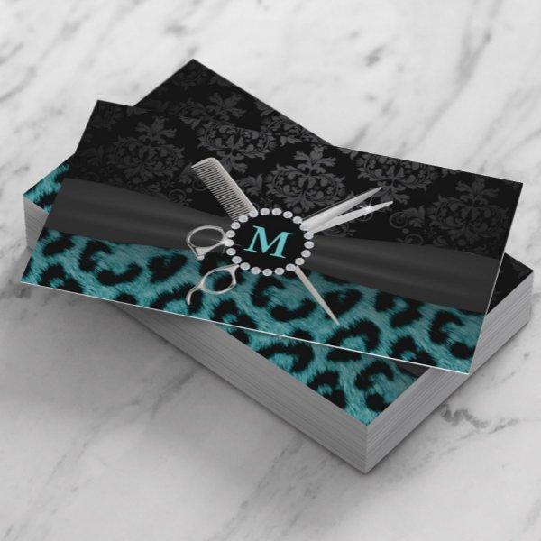 Modern Monogram Teal Leopard Print Hair Stylist