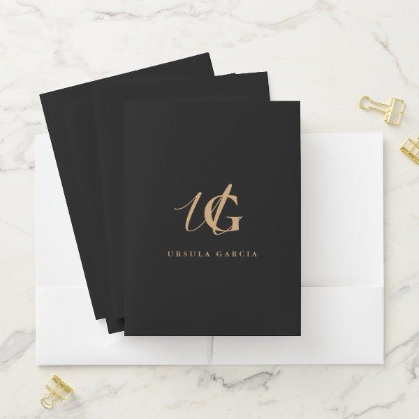Modern Monogrammed Black and Gold Script Pocket Folder