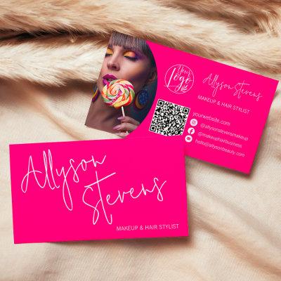 Modern name bold pink script makeup hair logo qr