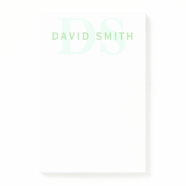 Modern Name & Monogram | Green & White Post-it Notes