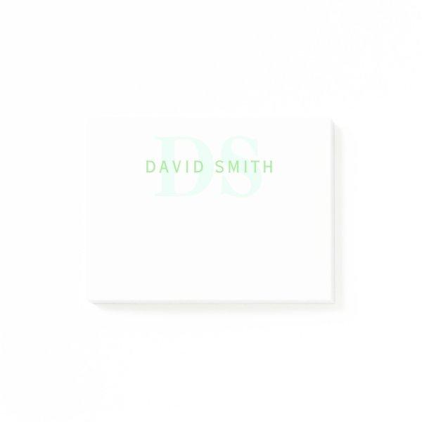 Modern Name & Monogram | Green & White Post-it Notes