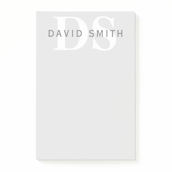 Modern Name & Monogram | Light & Dark Grey White Post-it Notes