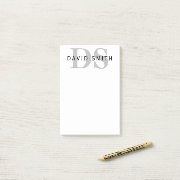 Modern Name & Monogram | White Black & Grey Post-it Notes