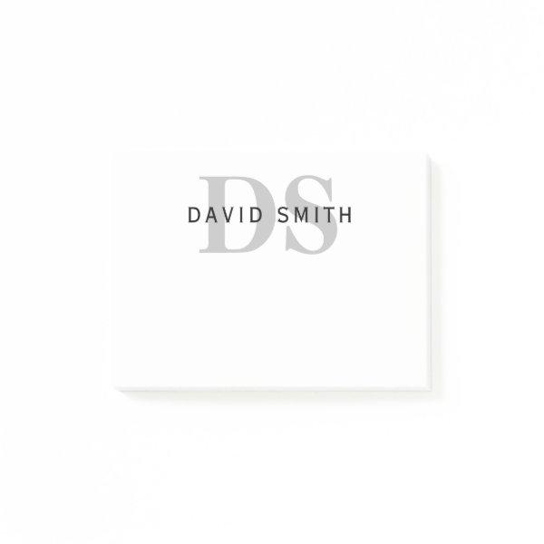 Modern Name & Monogram | White Black & Grey Post-it Notes