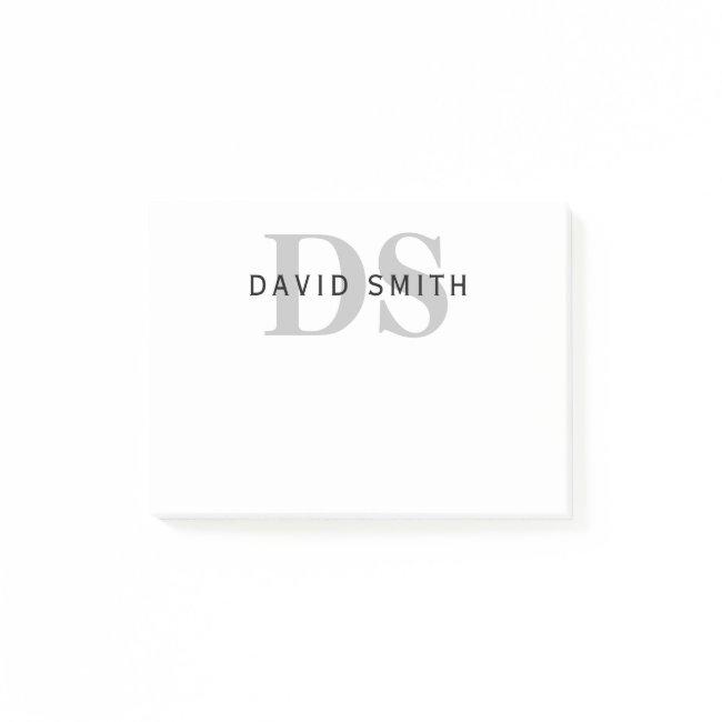Modern Name & Monogram | White Black & Grey Post-it Notes