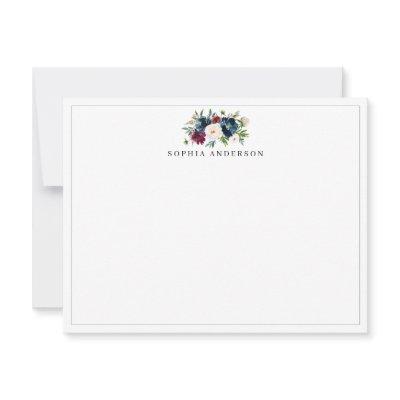 Modern Navy Blue Burgundy Red Floral Watercolor Note Card
