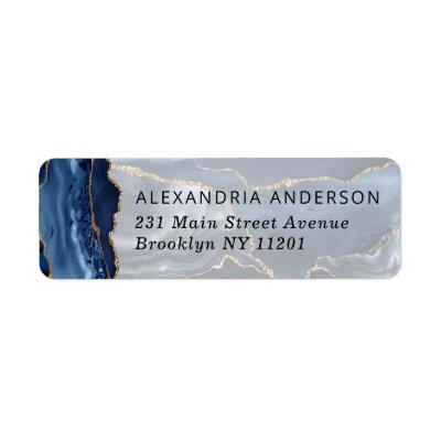 Modern Navy Blue Gold Foil Marble Watercolor Agate Label