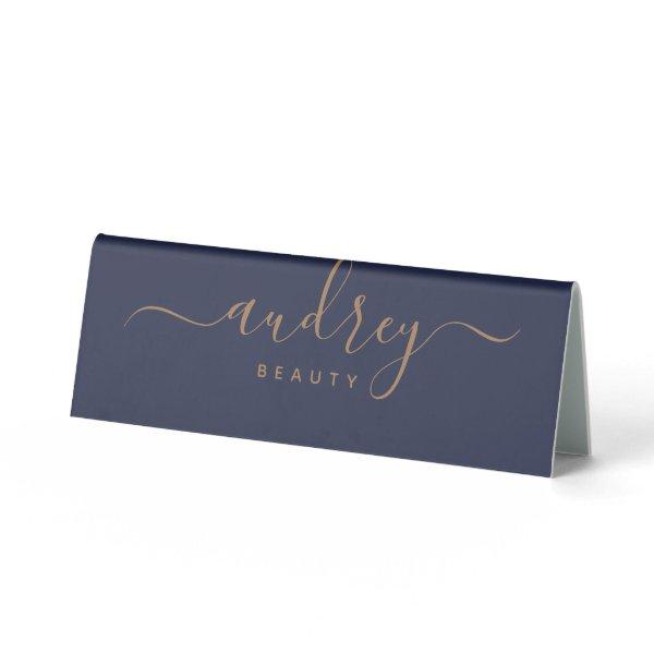 modern navy blue gold Signature Monogrammed Table Tent Sign