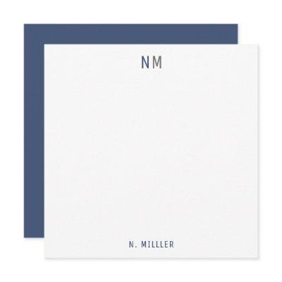 Modern Navy Blue Gray Monogram Two Initials Flat Note Card