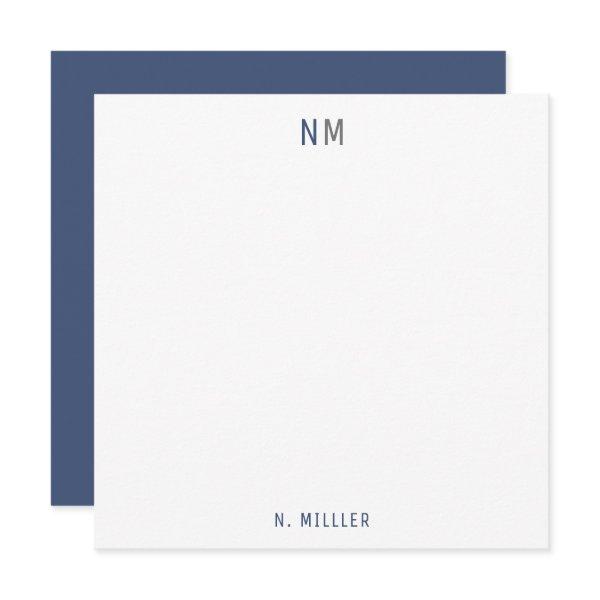 Modern Navy Blue Gray Monogram Two Initials Flat Note Card