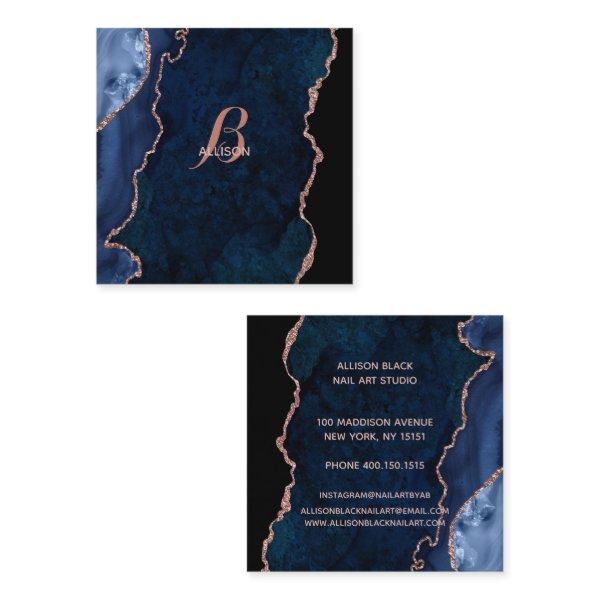 Modern Navy Rose Gold Agate Monogram Square
