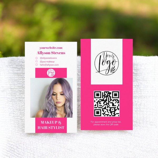Modern neon pink makeup hair photo qr code logo