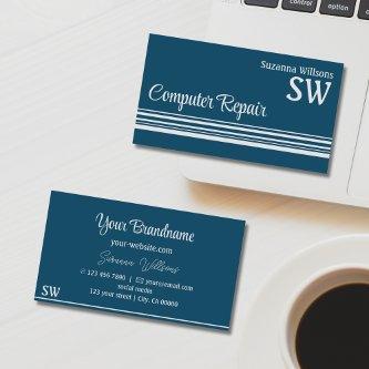 Modern Ocean Blue Light Gray Stripes with Monogram