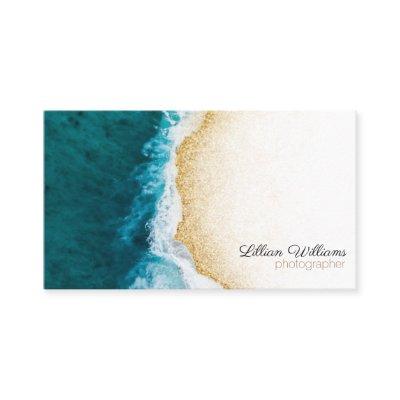 Modern Ocean Teal Waves Gold Glitter Ombre Coast