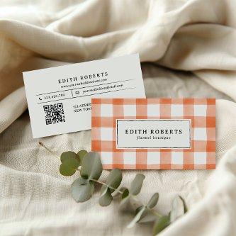 Modern Orange Watercolor Buffalo Plaid QR CODE