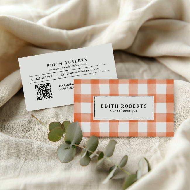 Modern Orange Watercolor Buffalo Plaid QR CODE