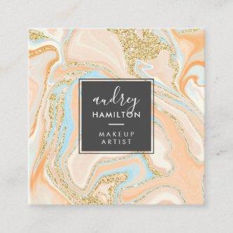 Modern peach blue marble chic gold glitter makeup square