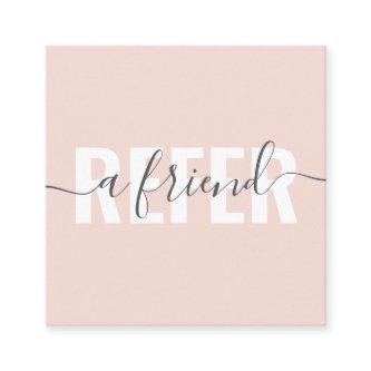 Modern pink gray refer a friend script signature referral card