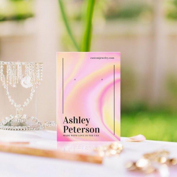 Modern pink marble rainbow script earring display
