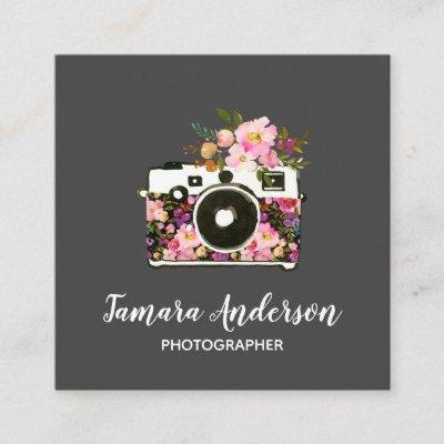 Modern Pink Rose Gray Floral Camera Photographer Square