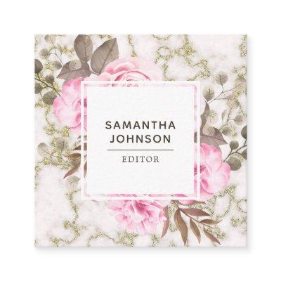 Modern Pink Watercolor Floral Marble Gold Square