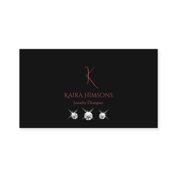 Modern Plain Black with Monogram and Diamonds