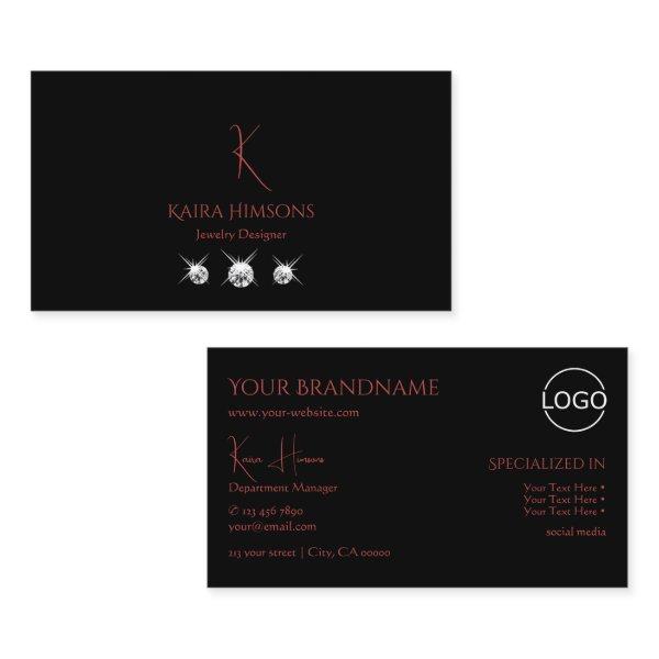 Modern Plain Black with Monogram Logo and Diamonds