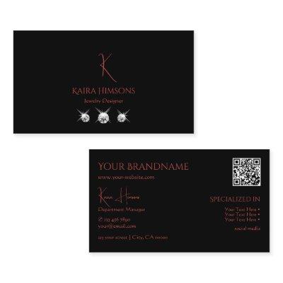 Modern Plain Black with Monogram QRCode & Diamonds