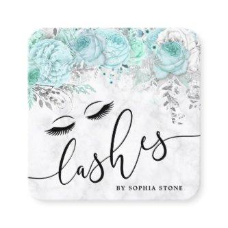 Modern pretty mint floral white marble lashes square