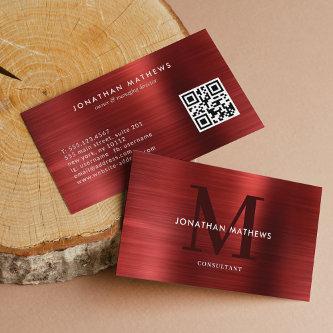 Modern QR Code Brushed Metallic Red Monogram