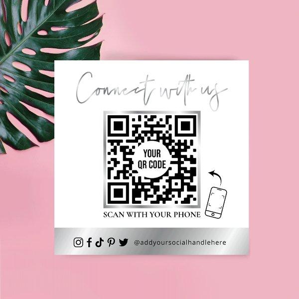 Modern QR Code Social Media White & Chrome Silver Square
