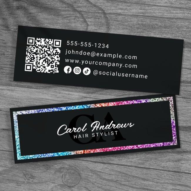 Modern Rainbow Glitter & Black Hairstylist QR Code Mini