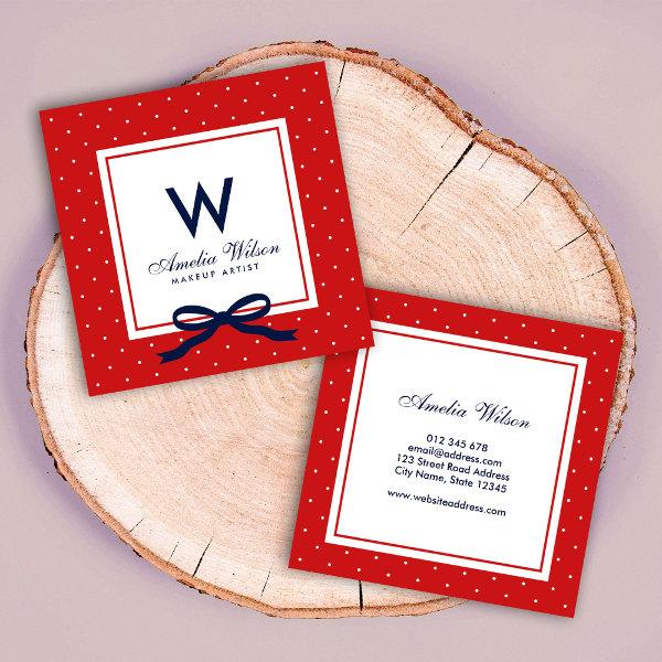 Modern Red White Polka Dot Red Ribbon Monogram Square