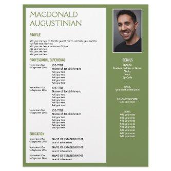 Modern RESUME TEMPLATE Customizable Photo GREEN Letterhead