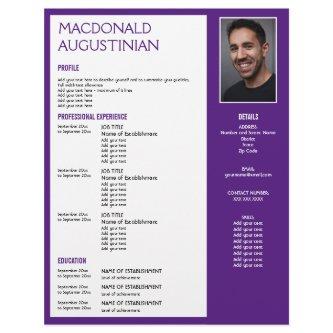 Modern RESUME TEMPLATE Customizable Photo PURPLE Letterhead