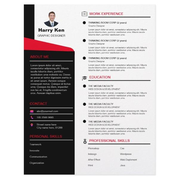 Modern Resume Template Customizable Photo RED CV Letterhead