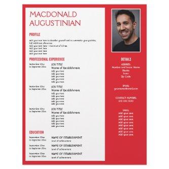 Modern RESUME TEMPLATE Customizable Photo RED Letterhead