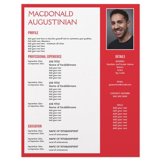 Modern RESUME TEMPLATE Customizable Photo RED Letterhead
