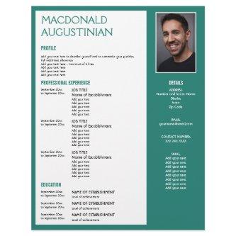 Modern RESUME TEMPLATE Customizable Photo TEAL Letterhead
