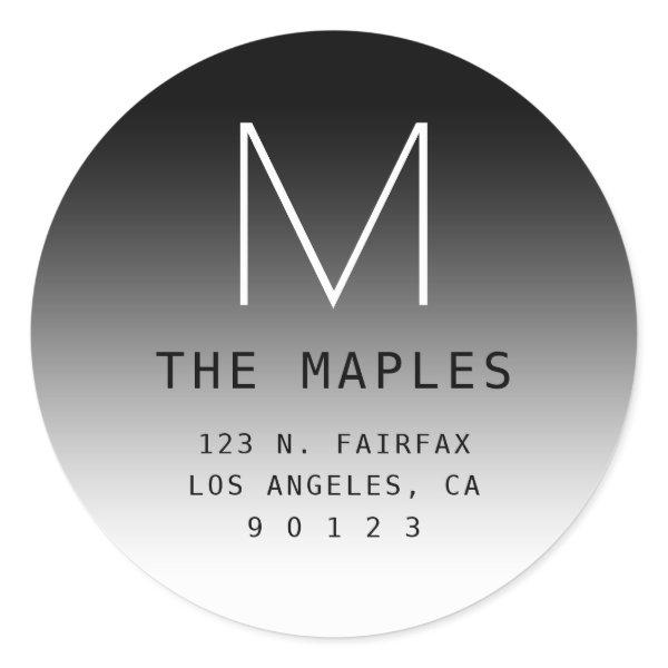Modern Return Address & Monogram | Black Gradient  Classic Round Sticker