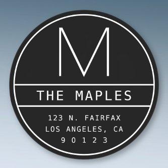Modern Return Address & Monogram | Black & White Classic Round Sticker