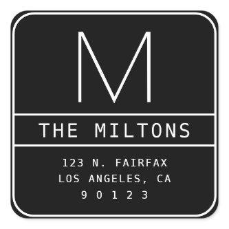 Modern Return Address & Monogram | Black & White Square Sticker