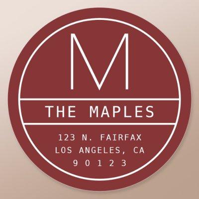 Modern Return Address & Monogram | Burgundy White Classic Round Sticker
