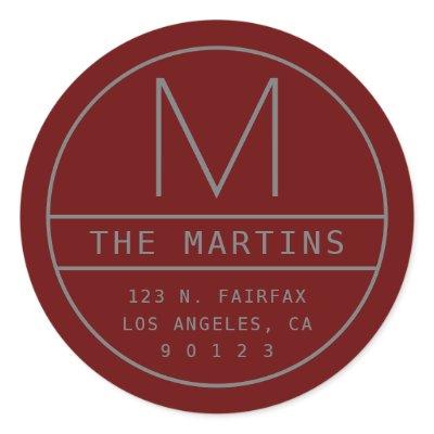 Modern Return Address & Monogram | Dark Red & Grey Classic Round Sticker