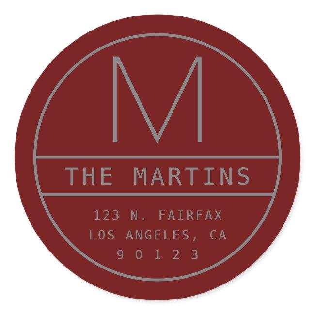 Modern Return Address & Monogram | Dark Red & Grey Classic Round Sticker