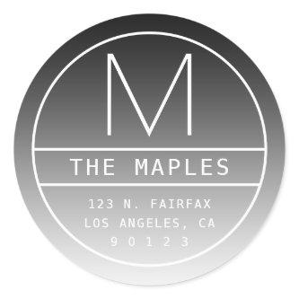 Modern Return Address & Monogram | Gradient Black Classic Round Sticker