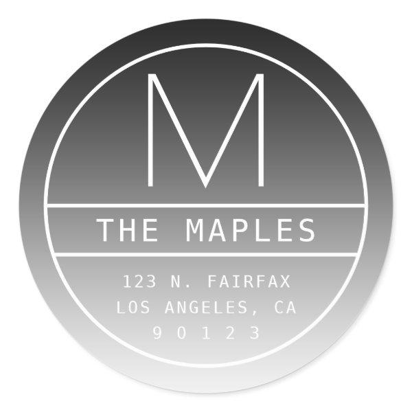 Modern Return Address & Monogram | Gradient Black Classic Round Sticker