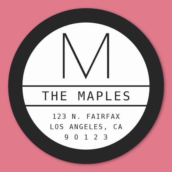 Modern Return Address & Monogram | Gradient Black Classic Round Sticker
