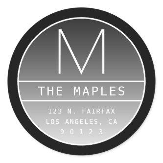 Modern Return Address & Monogram | Gradient Black Classic Round Sticker